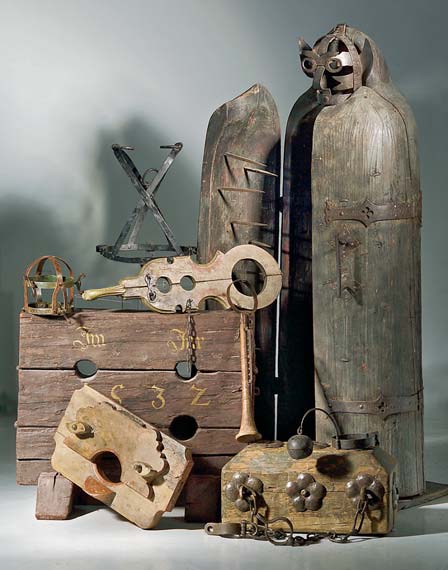 A variety of torture instruments. Many, including the large Iron Maiden of Nuremberg, were never used for torture. Source