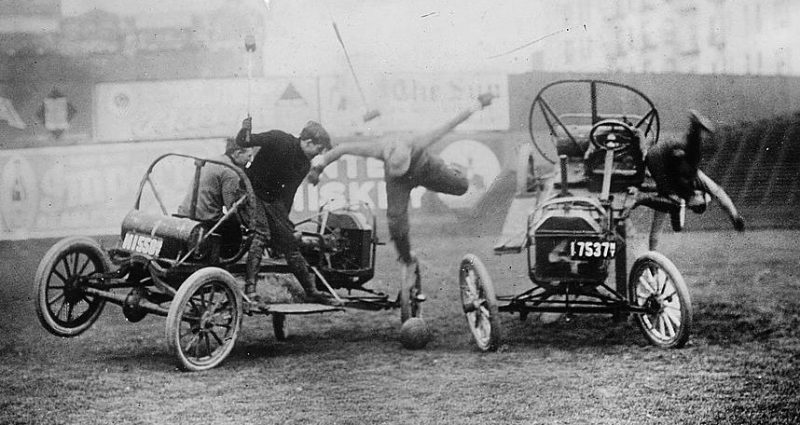 Auto polo match in the 1910s. Malletmen were often thrown from the cars during matches.source