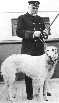Captain Smith on Titanic’s deck with his Russian Wolfhound, Ben. Source: