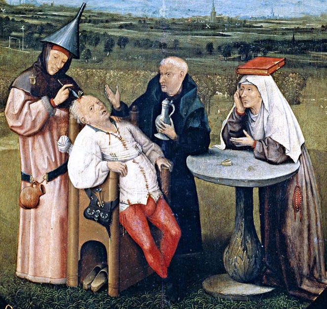 Detail from The Extraction of the Stone of Madness, a painting by Hieronymus Bosch depicting trepanation (c.1488–1516).Source