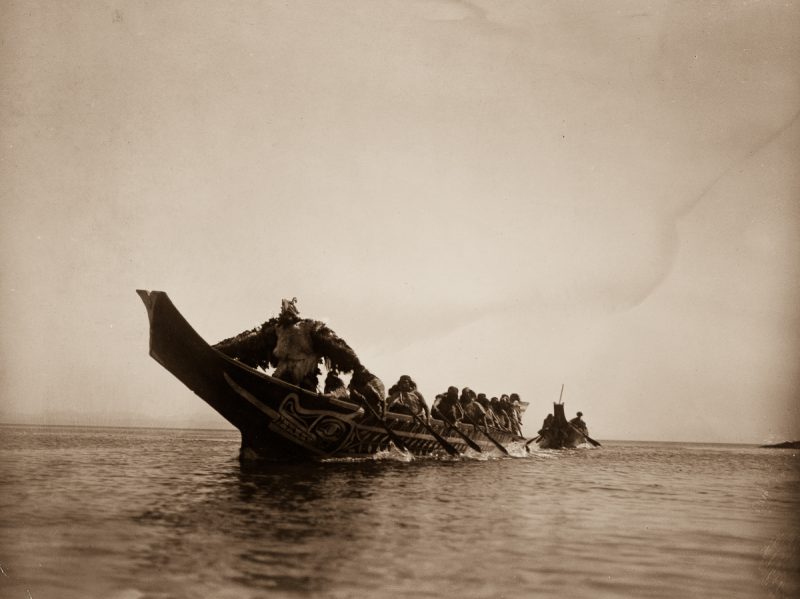 Kwakiutl people in canoes in British Columbia. 1914