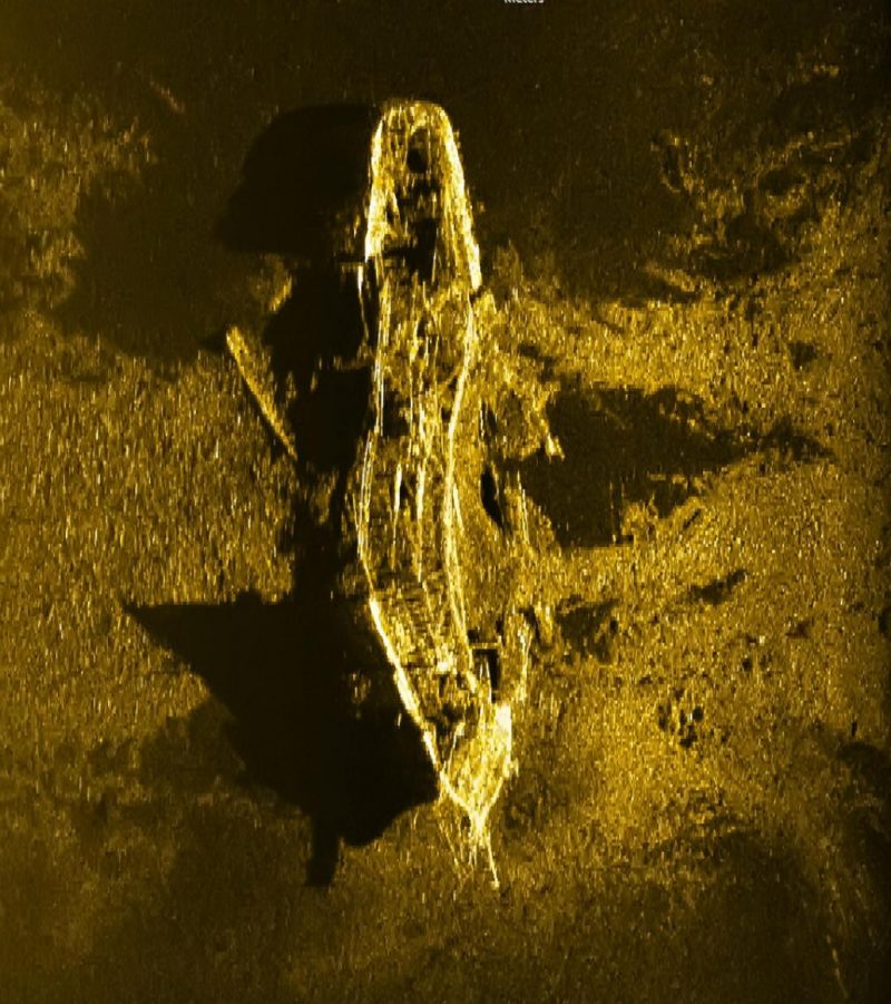 The sonar image of the shipwreck on the ocean floor. source