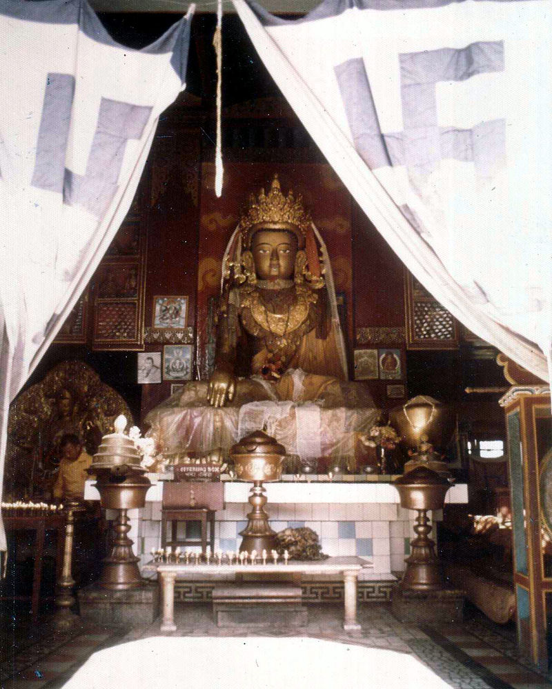 Nepalese Buddhist gompa, Swayambhunath, Kathmandu, showing swastika designs on curtains. 1973
