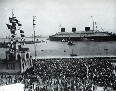 Normandie arrives for the first time at her home port of Le Havre, France, at the start of her record-breaking maiden voyage. source