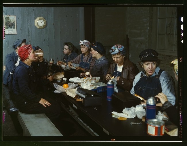 Railroad workers at lunch. Many were the wives and even mothers of the men who left for war. [1943]