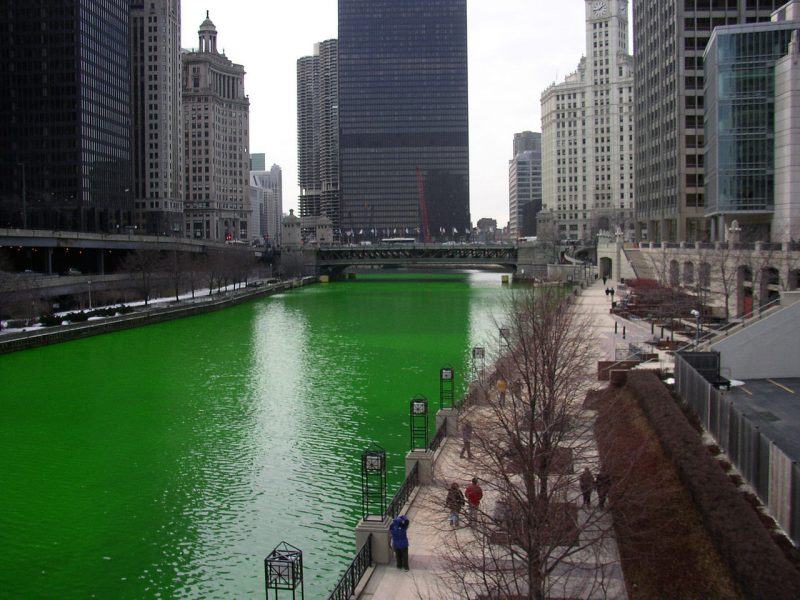 The Chicago River dyed green for Saint Patrick's Day.