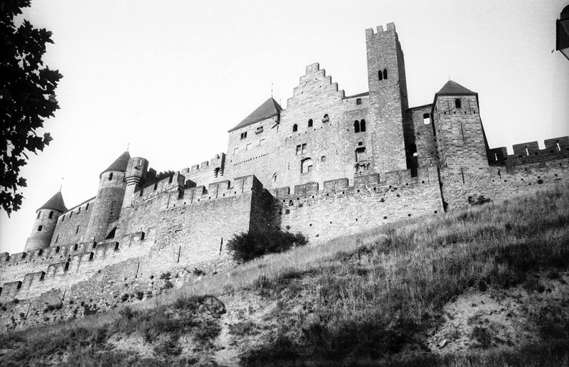The medieval fortified City of Carcassonne, with the castle Château Comtal behind the city wall