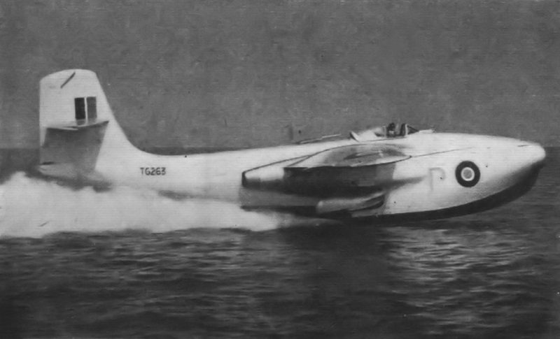 "S.R/A1: In his most imaginative moment the author of 'Alice in Wonderland' could hardly have foreseen a craft which is thrust by the reaction of hot gases into the air from a sea which at times literally boils around it. Such a craft is the new Saunders-Roe flying-boat fighter which, as our picture proves, however, is by no means a flying pig." source