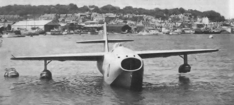 "ELEGANT LINES: This photograph of the Saro SR-A1 fighter-boat shows clearly the neat installation of the Metrovick jet units. From the head-on aspect scarcely any bulge is noticable." source