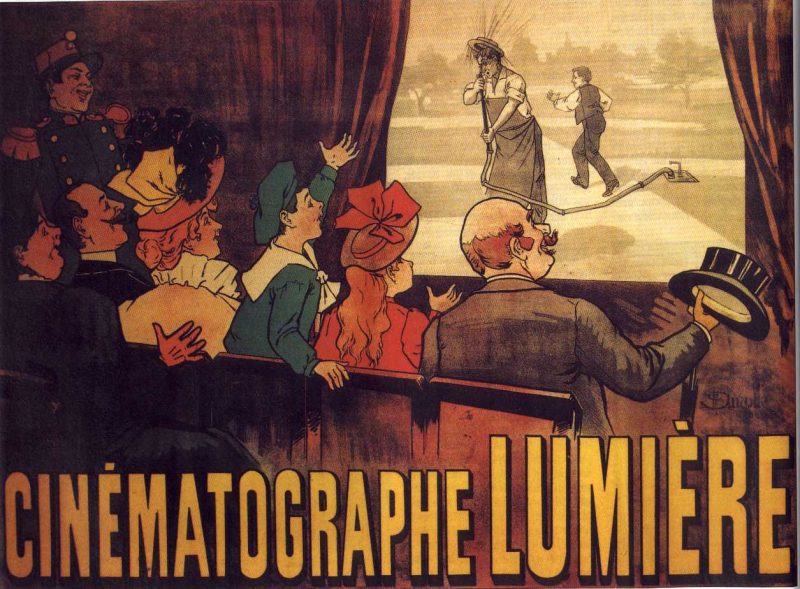 the poster realised as a sand sculpture The poster advertising the Lumière brothers cinematographe, showing a famous comedy (L'Arroseur Arrosé, 1895).Source