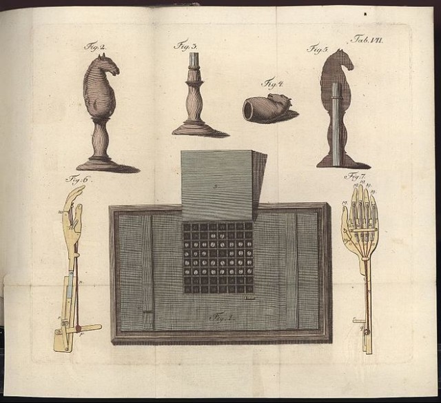 The interior also contained a pegboard chess board connected to a pantograph-style series of levers that controlled the model’s left arm. The metal pointer on the pantograph moved over the interior chessboard, and would simultaneously move the arm of the Turk over the chessboard on the cabinet. source