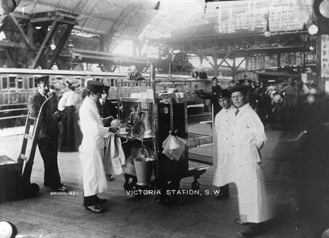 An early Broom photograph of a J. Lyons tea stall on the platform at Victoria Station, c.1905.