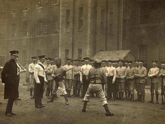 Bayonet practice at Chelsea Barracks 1912.