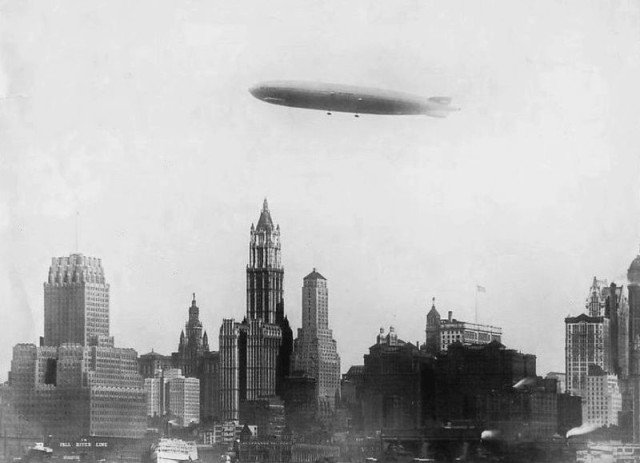 Photo of the Graf Zeppelin I over New York City on its first Transatlantic voyage. The airship made an aerial tour of the city before heading for Lakehurst, New Jersey to land, 1928. source