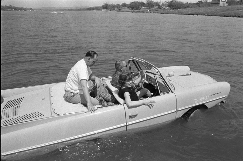 President Lyndon B. Johnson driving an Amphicar, 1965