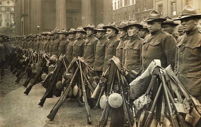 The first American contingent of the War, briefly in Wellington Barracks, 1917.