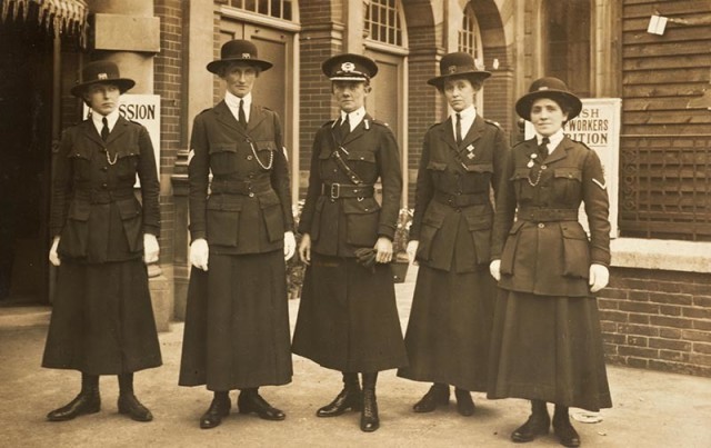 Women police officers and Inspector Mary Allen, a former suffragette, at the Women’s War Work Exhibition, London, 1916.