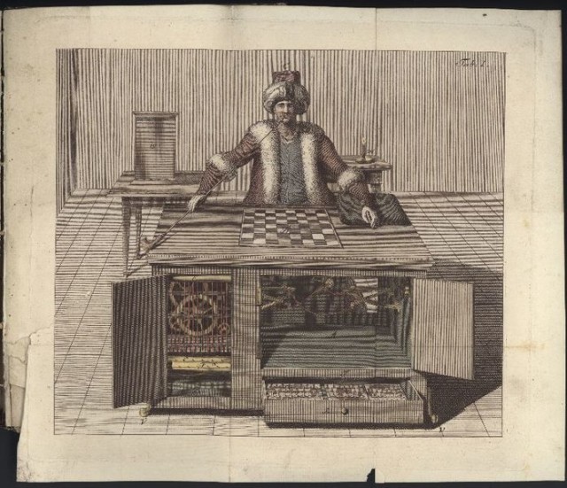 From book that tried to explain the illusions behind the Kempelen chess playing automaton (known as The Turk) after making reconstructions of the device, 1789. source