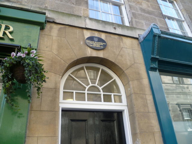 A plaque above McGonagall's last residence records his death in 1902 By Kim Traynor - Own work, CC BY-SA 3.0, <a href=