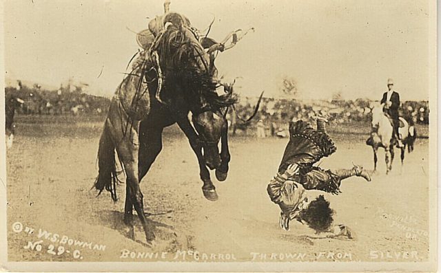 Bonnie McCarroll, a rodeo champion of her day, here having a nasty fall. Photo By Muffet – CC BY 2.0