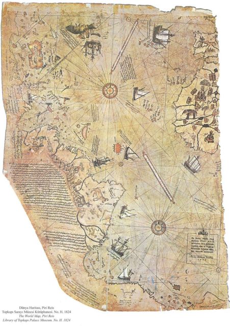 Surviving fragment of the Piri Reis map showing Central and South America shores. Source