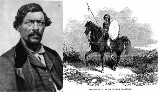 Left photo - James P. Beckwourth, circa 1860, in Denver, Kansas Territory. Wikipedia/Public Domain, Right photo - Beckwourth as Indian warrior, 1856. Wikipedia/Public Domain