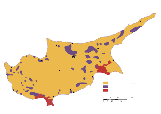 Ethnic distribution in 1973. The yellow colour shows land with predominantly Greek population, while purple shows predominantly Turkish population. 