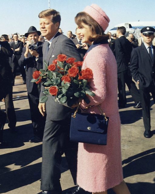 President John F. Kennedy and Jacqueline Kennedy arrive at Love Field, Dallas, Texas. Kennedy was assassinated later in the day.