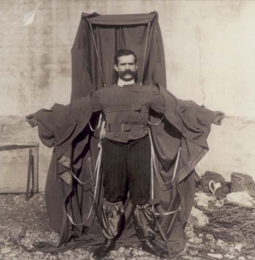 Franz Reichelt with his questionable “parachute” construction.