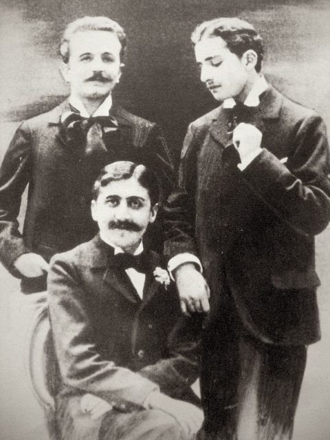 Marcel Proust (seated), Robert de Flers (left) and Lucien Daudet (right), c. 1894.