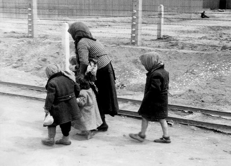 Hungarian Jewish children and an elderly woman on the way to the gas chambers of Auschwitz. Photo Credit