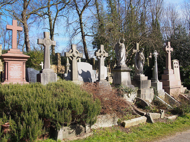The cemetery is located on both sides of Swain's Lane in Highgate, N6, next to Waterlow Park. Photo Credit