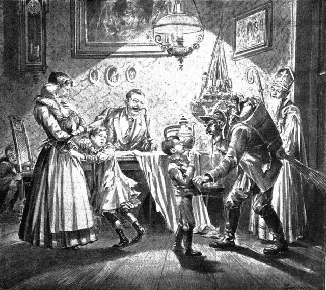 Krampus and Saint Nicholas visit a Viennese home in 1896.