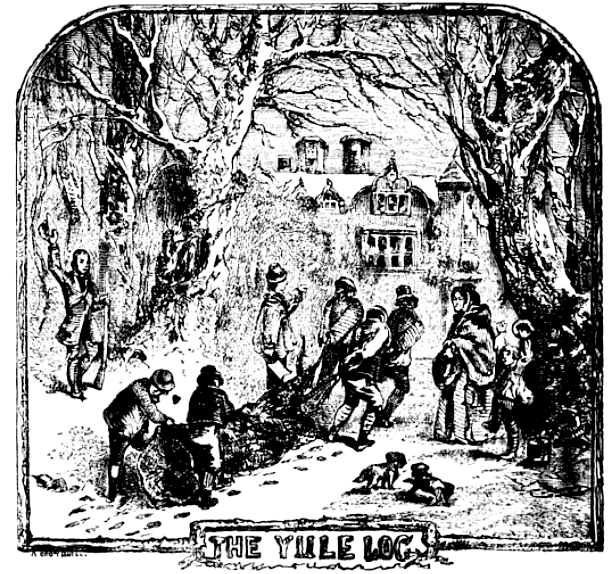 An illustration of people collecting a Yule log from Chambers Book of Days (1832).