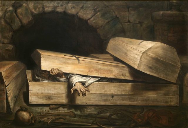 The recovery of supposedly dead victims of cholera, as depicted in The Premature Burial by Antoine Wiertz, fuelled the demand for safety coffins.