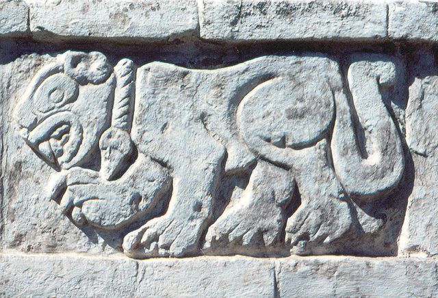 udskåret relief af en Jaguar ved Tula, Hidalgo. Foto Kredit