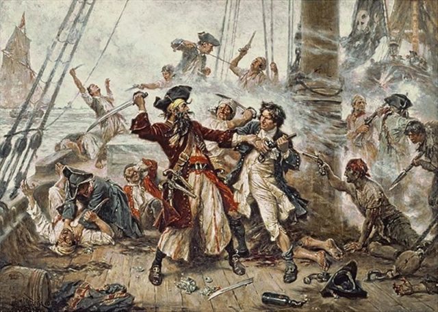 Capture of the Pirate Blackbeard by Jean Leon Gerome Ferris, 1718