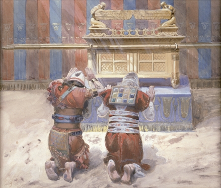 Moses en Joshua buigen voor de Ark, schilderij van James Tissot, ca. 1900