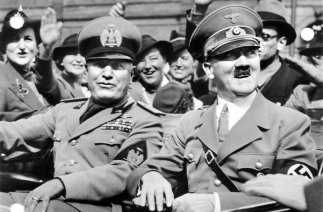 Germany’s Führer Adolf Hitler (right) beside Italy’s Duce Benito Mussolini (left). Photo by Haamujenmurskaaja CC BY-SA 4.0
