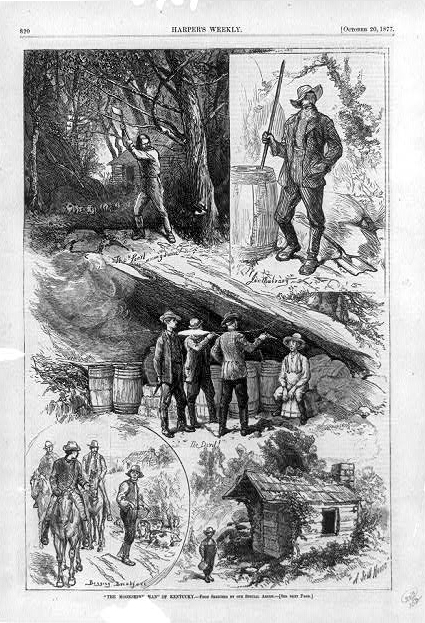 The Moonshine Man of Kentucky, an illustration from Harper’s Weekly, 1877, showing five scenes from the life of a Kentucky moonshiner.