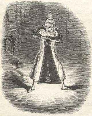 Scrooge extinguishing the first spirit.