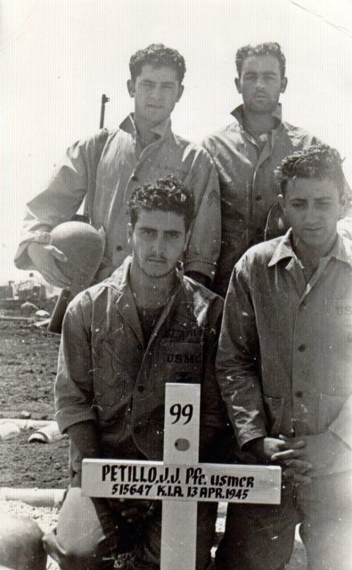 John Stompanato (bottom left) during the Pacific War in WWII, with his comrades gathering behind the grave of Pfc. Joseph J. Petillo of Asbury Park, NJ. KIA Okinawa. Photo by Joeyducci CC BY-SA 3.0