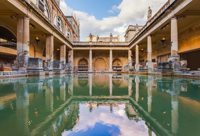 Roman Baths at Bath, England, made use of natural hot springs to fill the pool. Photo by Diego Delso CC BY-SA 4.0