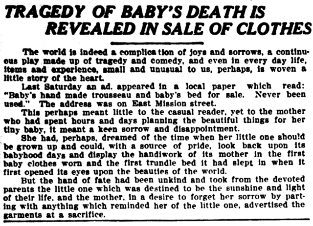 Articolul din 16 mai 1910 din The Spokane Press relatează o reclamă anterioară care i s-a părut autorului deosebit de tragică.