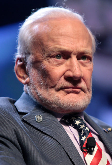Buzz Aldrin speaking at an event in April 2016. Photo by Gage Skidmore CC BY-SA 3.0