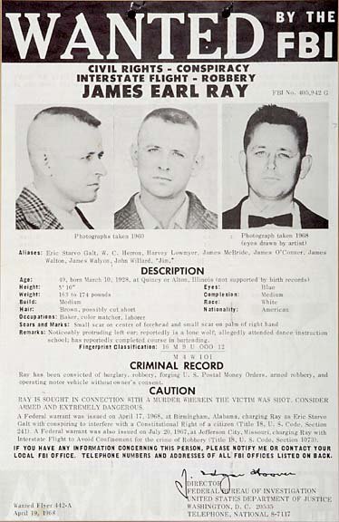 F.B.I. most wanted fugitive poster of James Earl Ray