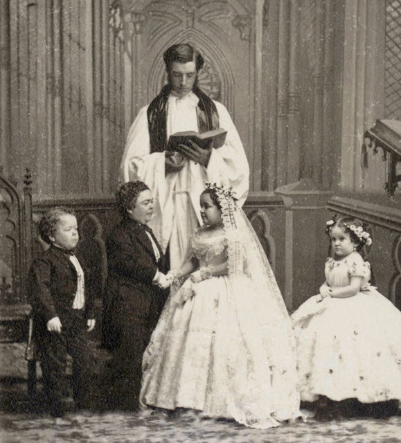 Wedding photo, from left to right: George Washington Morrison Nutt, Charles Sherwood Stratton, Lavinia Warren Stratton, Minnie Warren.