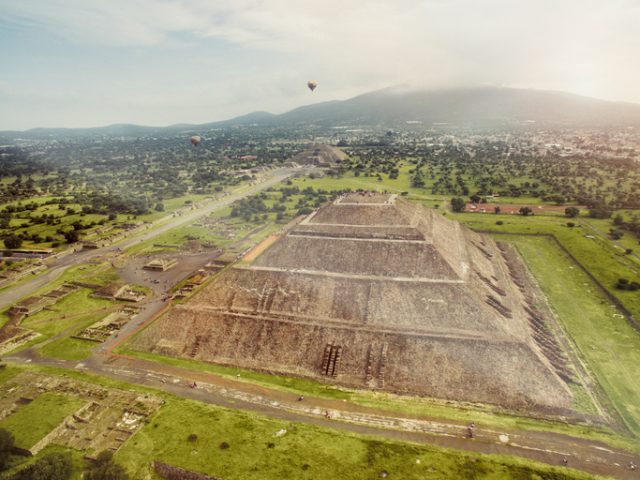 Aerial view of the Pyramids of the Sun and Moon in Teotihuacan, México.