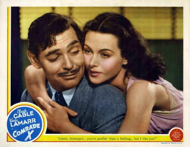 Lobby card for the 1940 film Comrade X with Clark Gable and Hedy Lamarr.