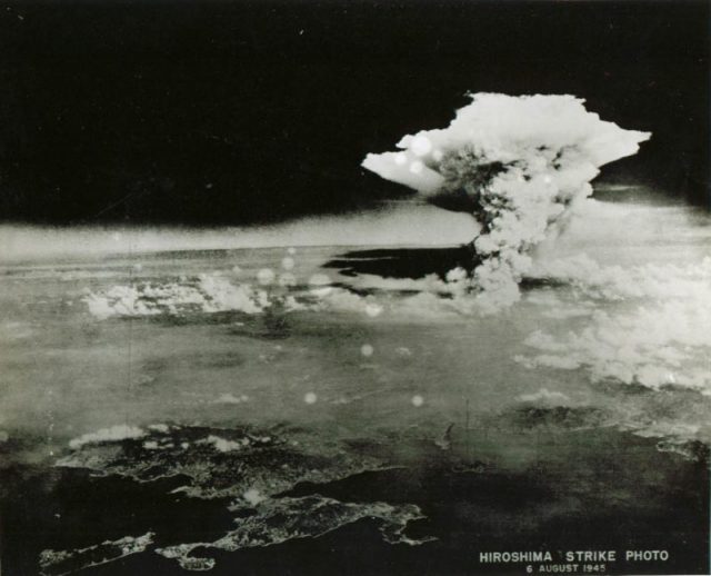 Ariel view of the Hiroshima atomic bomb strike, August 6, 1945.